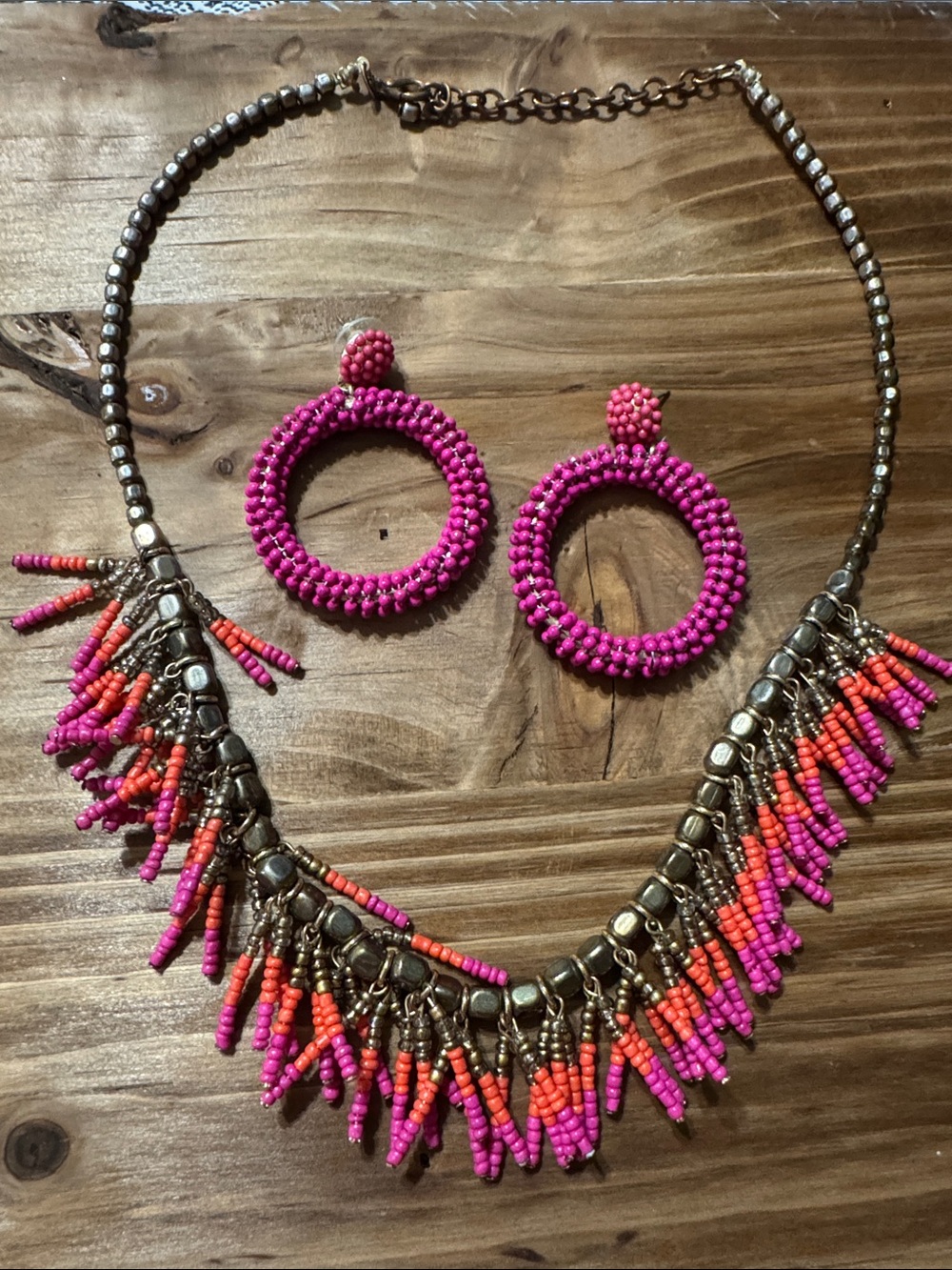 Beaded Fringe Statement Necklace & Hoop Earrings Set - Pink & Orange